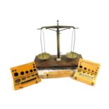 A set of brass gold scales, together with two boxes of weights, etc.