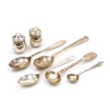 A pair of silver pepperettes, together with silver salt, tea and mustard spoons, 1.91oz.