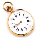 A late 19thC 18ct gold cased lady's pocket watch, open faced, keyless wind, circular enamel dial bea