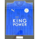 A signed Leicester City shirt, framed and glazed, 70cm high, 60cm wide.