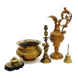 A small group of brass and metalware, comprising a brass inkwell and stand, a heavy brass figural ca