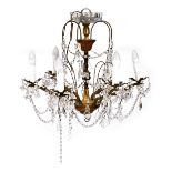 A late 20thC brass and cut glass six branch chandelier, with snowflake, leaf, square and brilliant c