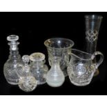 A 19thC triple ring neck decanter, with hobnail cut decoration, cut glass water jug, vase, pickle ja