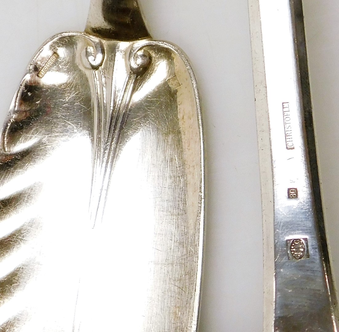 A Christofle silver plated soup ladle, together with a pair of plated fish servers, monogram engrave - Image 2 of 2