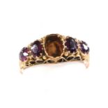 A 9ct gold and amethyst five stone ring, central stone lacking, size M, 1.3g.