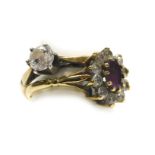 A 9ct gold and CZ solitaire ring, high claw set, size K½, together with a 9ct gold and amethyst ring