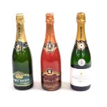 Three bottles of champagne, comprising Pierre Darcys, Janick Savoye, and Charlier & Fils rose champa