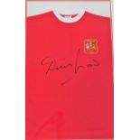 A replica Wembley 1963 Final Manchester United football shirt, signed by Dennis Law, who scored the