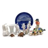 A group of ceramics, including a Karl Ens figure of a kingfisher, Schaubach white glazed figure of a