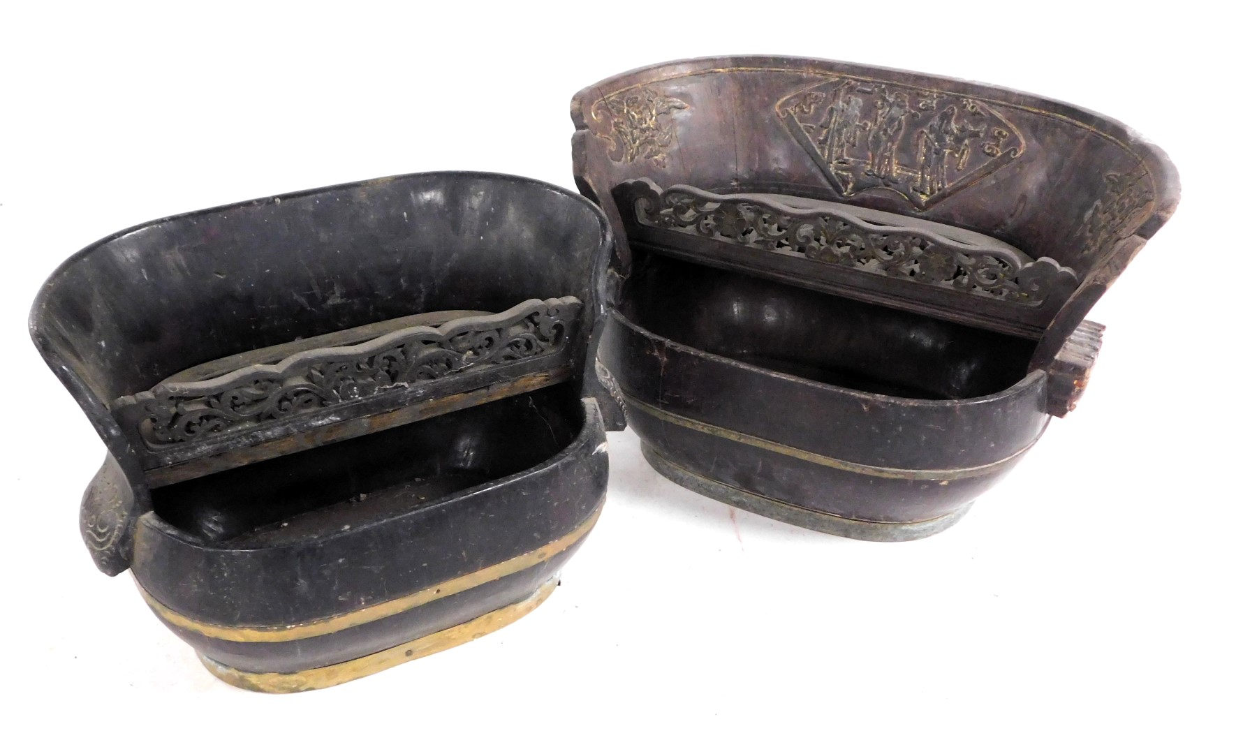 A pair of Chinese carved wooden food containers, with pierced grilles.