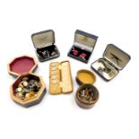 A group of gentleman's silver and costume cuff links, a set of five gold plated and mother of pearl