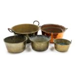 A brass jam pan, 42.5cm wide, copper pan, 31.5cm wide, and three further pans. (5)