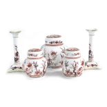 A group of Coalport Indian Tree Coral pattern porcelain, comprising a pair of candlesticks, 21cm hig