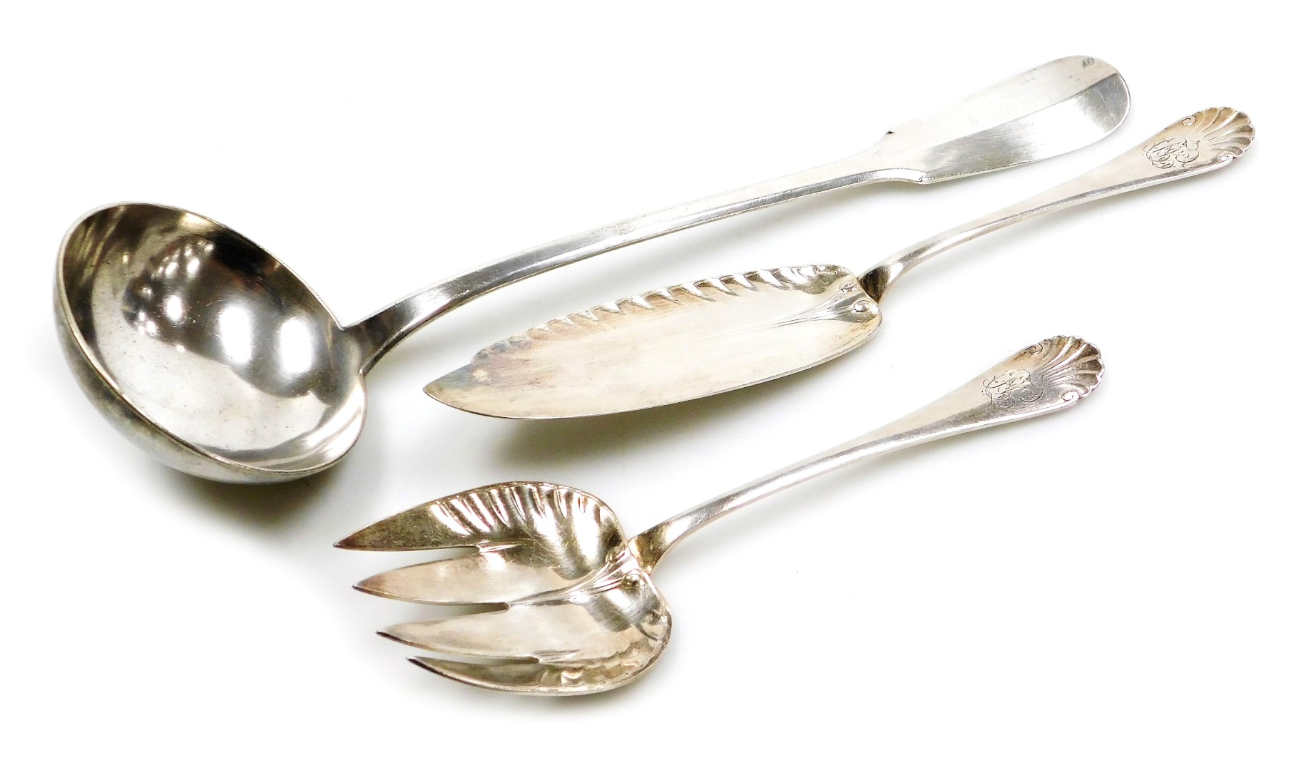 A Christofle silver plated soup ladle, together with a pair of plated fish servers, monogram engrave
