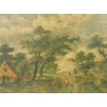 An oleograph on canvas, after an 18thC Continental Old Master, wooded landscape with figures, in a g