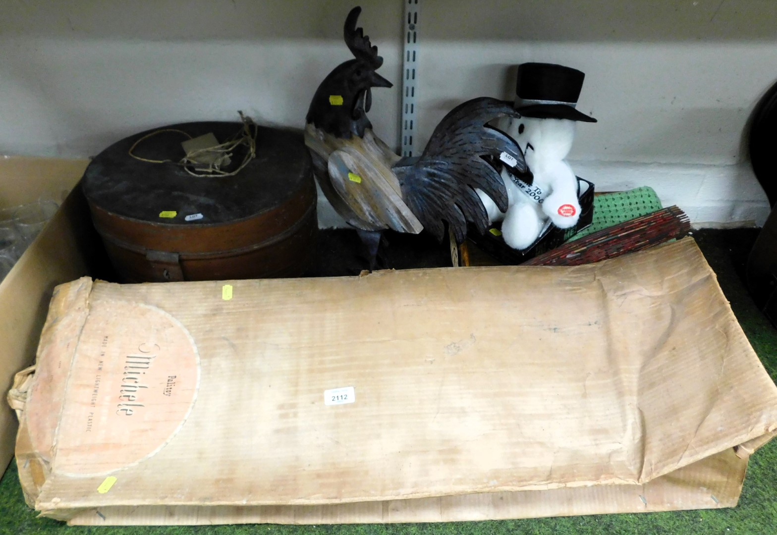 A large Palitoy doll, circa 1950sl, in a box, hat box, large wooden cockerel, etc. (a quantity)