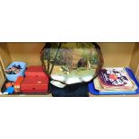 A quantity of LPs, tin plate bus, scarves, textiles, postcards, etc. (2 trays and loose)