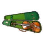 A 20thC two piece split back violin, unsigned, 54cm long, lacking bow, cased.