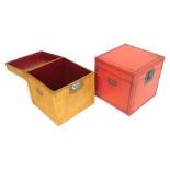 Two Eastern lidded boxes, red and yellow, each with ornate brass clasp, 40cm high. (AF)