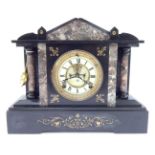 A 19thC slate and marble mantel clock, the circular cream enamel dial bearing Roman numerals, eight
