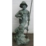 Hoy Tan (20thC School). A patinated bronzed water fountain, shaped as a fisherman carrying fish, per