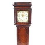 An early 19thC oak longcase clock, the painted square enamel dial bearing Roman numerals, subsidiary