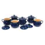 A set of six Le Creuset stoneware lidded two handled soup bowls, blue glaze, 13cm high.