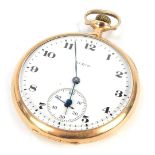 An Elgin gold cased open pocket watch, the circular enamel dial bearing Arabic numerals, subsidiary