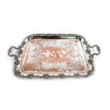 A silver plated tray, the border decorated in relief with grapes and vines, decorated centrally with