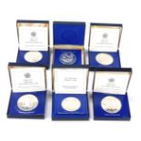 Six silver proof ten dollar coins, four for Jamaica and two for Barbados, issued by Franklin Mint, e