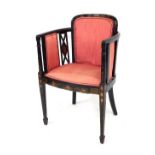 A 20thC Japanese lacquered open armchair, with an upholstered seat, back and sides to each arm, hand