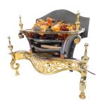 An electric fire, with simulated resin coal and embers, in cast metal and brass basket, 46cm high.