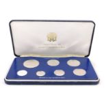 A seven coin Jamaica silver proof coin set, minted at the Franklin Mint, in presentation case, with