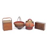 Four oriental food containers, differing sizes and designs, together with an oak miniature chest, 20