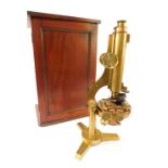 A R & J Beck of London binocular microscope, numbered 9038, 46cm high, in mahogany carry case, 51cm