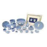A group of Wedgwood blue jasperware, to include bowl, 13cm high, coffee can and saucer, miniature te