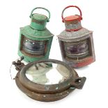 A pair of cast metal port and starboard ship's lanterns, painted in red and green, 26cm high, togeth