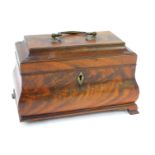 A George III flame mahogany bombe tea caddy, with brass swan neck handle on ogee bracket feet (AF),