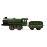 A tinplate locomotive and tender, 0-4-0 490 LNER green livery.