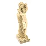 A later painted alabaster figure group, indistinctly titled, of a standing nude figure embracing a f