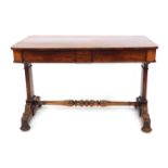 A 19thC mahogany library table, the top with a rounded edge above two frieze drawers, raised on two