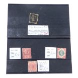 A Victorian 1840 penny black, together with three further Victorian stamps, one shilling, sixpence a