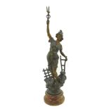 A late 19th/early 20thC spelter figure group, of a lady with trident, on rocked base, 72cm high.