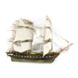 A 20thC model three masted ship, named The Constitution, 80cm long.