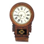 A 19thC rosewood and boxwood inlaid drop dial wall clock, the circular dial bearing Roman numerals,