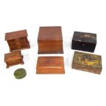 A group of treen boxes, to include a oak three drawer jewellery chest, 15cm high, 19cm wide, 11cm de