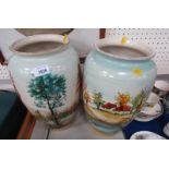 A pair of Faimai pottery vases, each of cylindrical tapering form, decorated with lake and cottage s