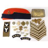 A military Christmas 1914 brass tin, various cap badges for the Royal Engineers, Army Service, and o