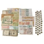 A group of foreign coinage and banknotes, to include Belgium francs, Brazil cruzados, Grecian notes,