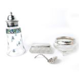 A silver topper rectangular dressing table jar, with pressed glass base, a silver plated topped and